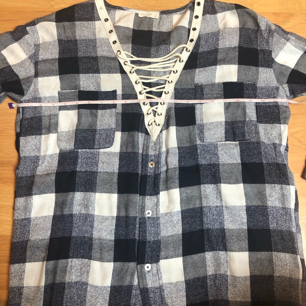 MISS LOVE boho rope neckline plaid shirt blouse M - Picture 9 of 15